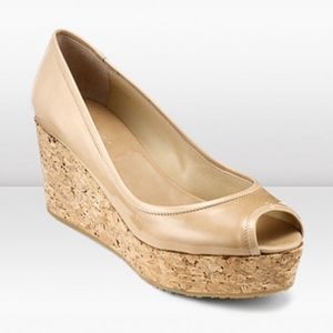 Jimmy Choo Purdy Leather Peep-Toe Wedges